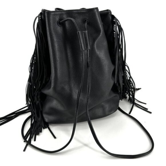 Victoria's Secret Black Faux Leather Adjustable Fringe Large Sling Backpack NEW - Picture 6 of 7